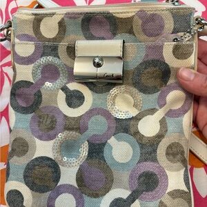 Coach crossbody satchel Crossbody Bag in Cream with Purple & Gray Pattern